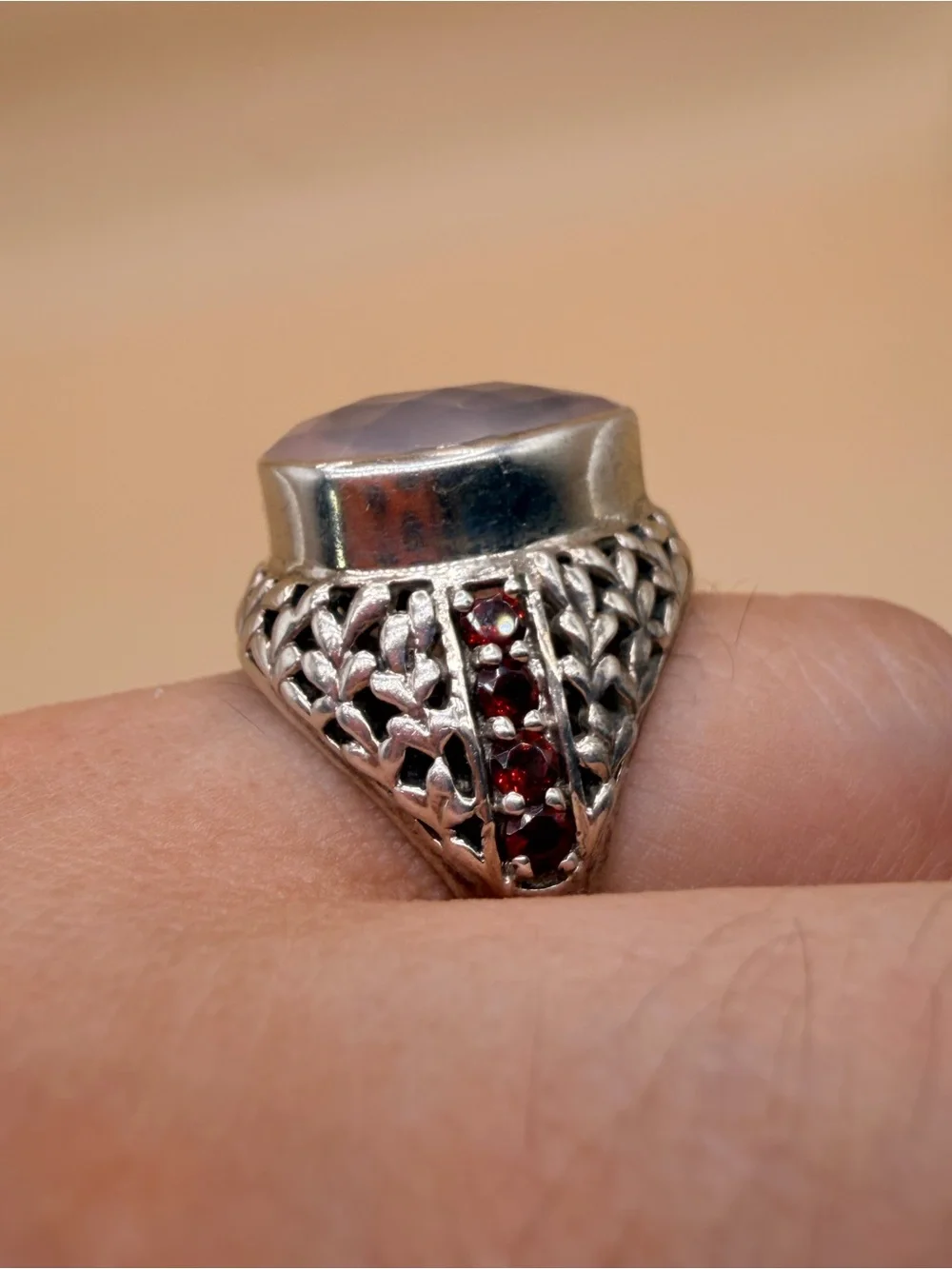 925 Sterling Silver Rose Quartz & Garnet Ring Size 9.